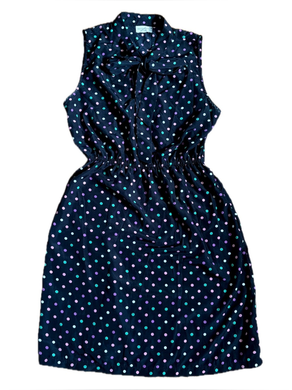 Jon And Anna Black Colorful Polka Dot Dress Size Large Pussybow Collar Retro